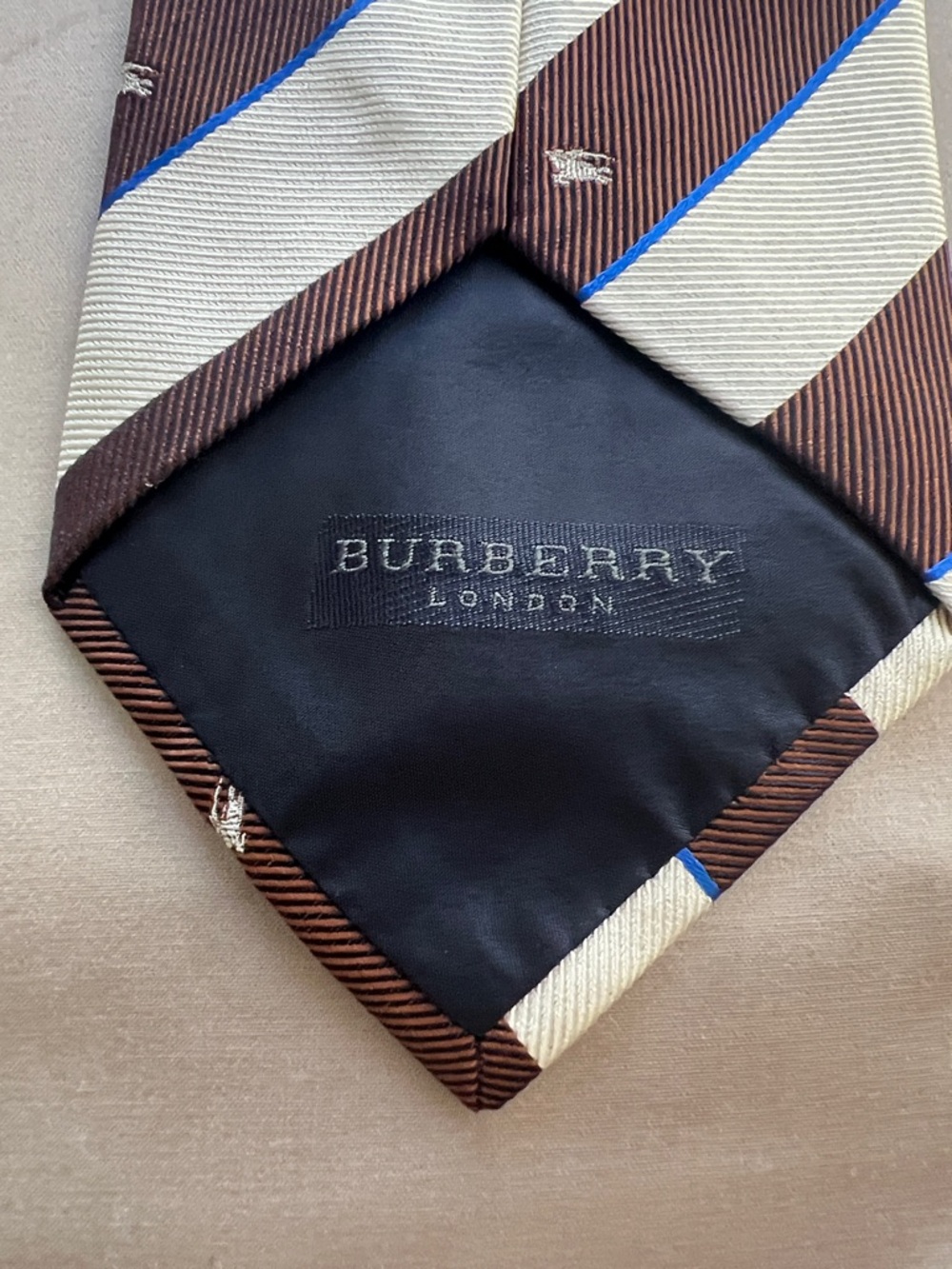 Vintage Burberry Brown, Ivory and Blue Striped Classic Silk Tie Made in Italy - Picture 5 of 17